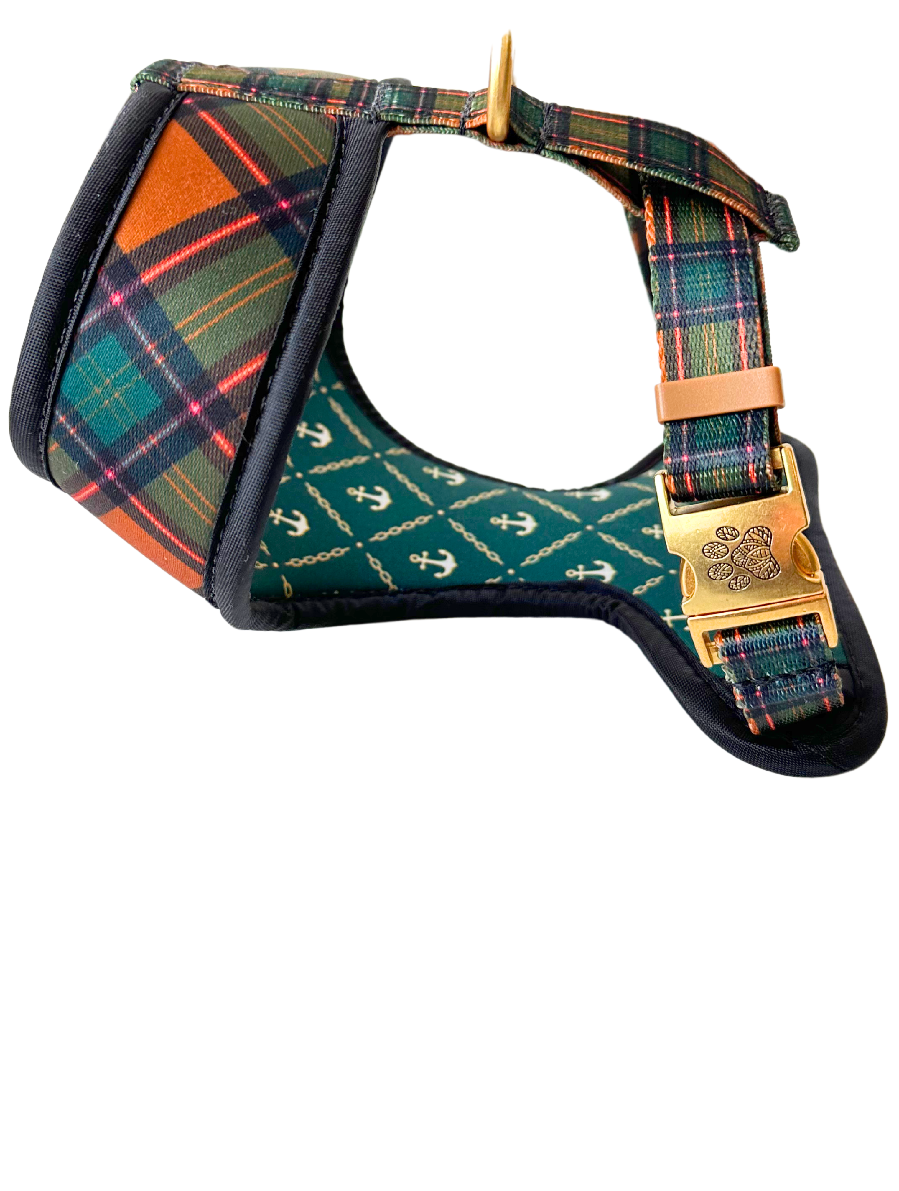 22K Gold Hunter Green Plaid - Green Anchor Chains Reversible Harness