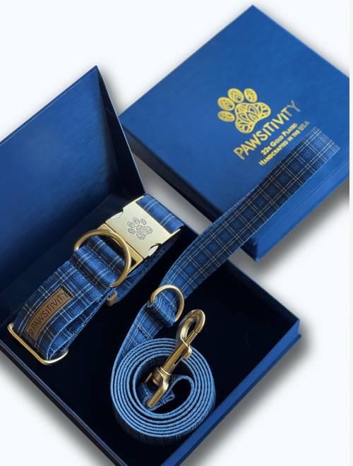 22K Gold Blue Plaid Leash & Collar Set