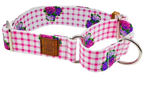 Pink Gingham Hydrangea Martingale Collar